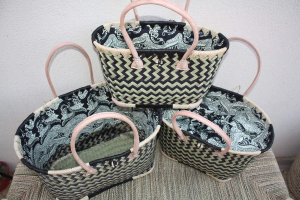 Panier de courses NOIR & NATUREL de MADAGASCAR - Sac Pochon Tissu Noir - Cabas tressé main - 3 tailles - plage osier marché paille rotin