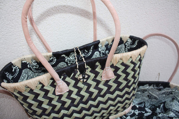 Panier de courses NOIR & NATUREL de MADAGASCAR - Sac Pochon Tissu Noir - Cabas tressé main - 3 tailles - plage osier marché paille rotin