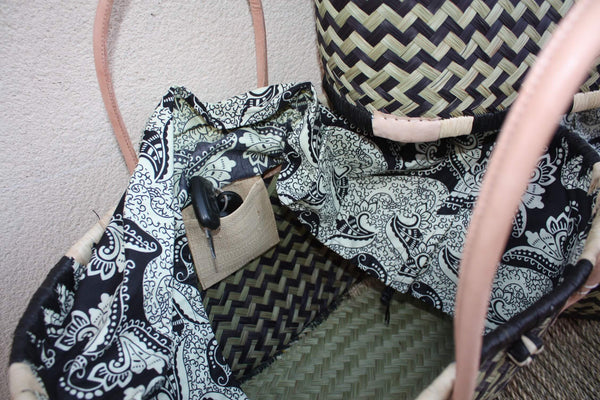 Panier de courses NOIR & NATUREL de MADAGASCAR - Sac Pochon Tissu Noir - Cabas tressé main - 3 tailles - plage osier marché paille rotin