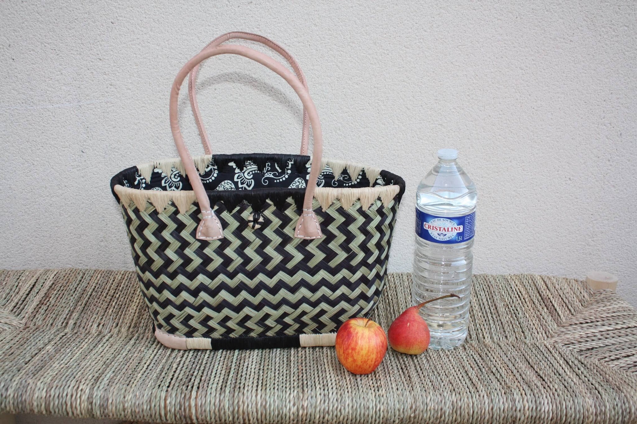 Panier de courses NOIR & NATUREL de MADAGASCAR - Sac Pochon Tissu Noir - Cabas tressé main - 3 tailles - plage osier marché paille rotin