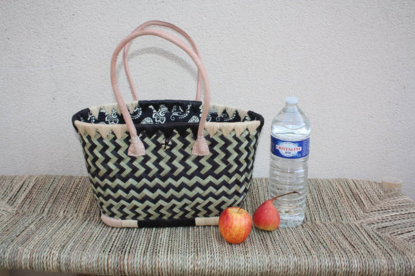 Panier de courses NOIR & NATUREL de MADAGASCAR - Sac Pochon Tissu Noir - Cabas tressé main - 3 tailles - plage osier marché paille rotin