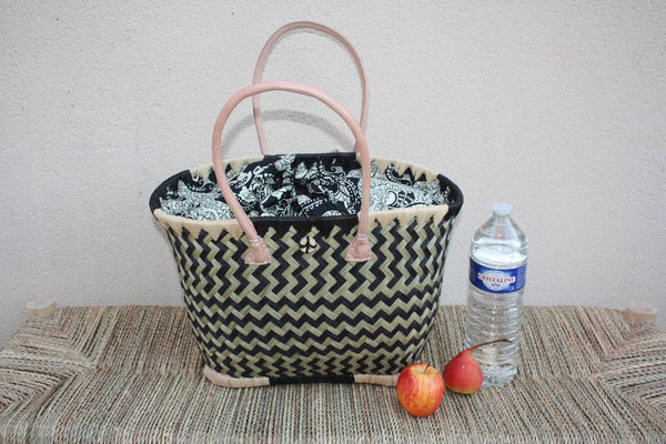 Panier de courses NOIR & NATUREL de MADAGASCAR - Sac Pochon Tissu Noir - Cabas tressé main - 3 tailles - plage osier marché paille rotin