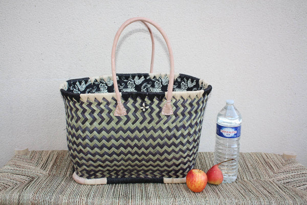 Panier de courses NOIR & NATUREL de MADAGASCAR - Sac Pochon Tissu Noir - Cabas tressé main - 3 tailles - plage osier marché paille rotin