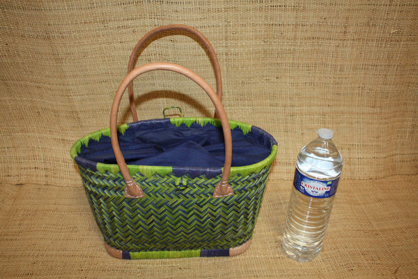 Panier BLEU & VERT - Cabas osier marché Sac paille plage Panier rotin courses - Tissu pochon avec lacet de serrage - 3 TAILLES -