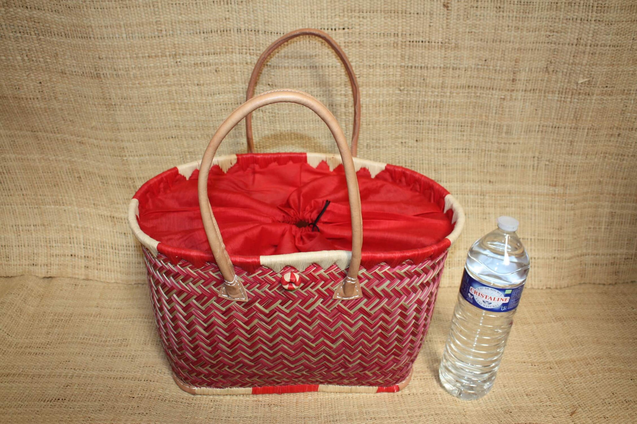 Panier ROUGE - Cabas osier marché Sac paille plage Panier rotin courses - Tissu pochon avec lacet de serrage - 3 TAILLES -