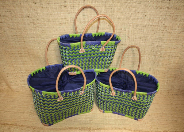 Panier BLEU & VERT - Cabas osier marché Sac paille plage Panier rotin courses - Tissu pochon avec lacet de serrage - 3 TAILLES -