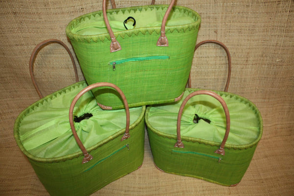 Panier VERT NATUREL - Doublé Rabane + Poche zippée - Sac Cabas Anses Longues - 3 TAILLES - Marchés, courses, plage...