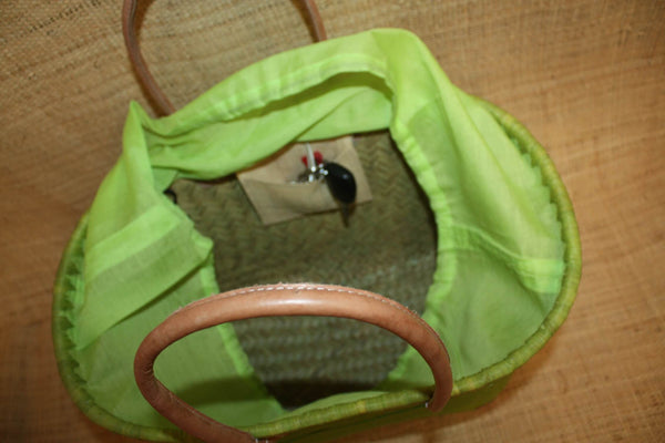 Panier VERT NATUREL - Doublé Rabane + Poche zippée - Sac Cabas Anses Longues - 3 TAILLES - Marchés, courses, plage...