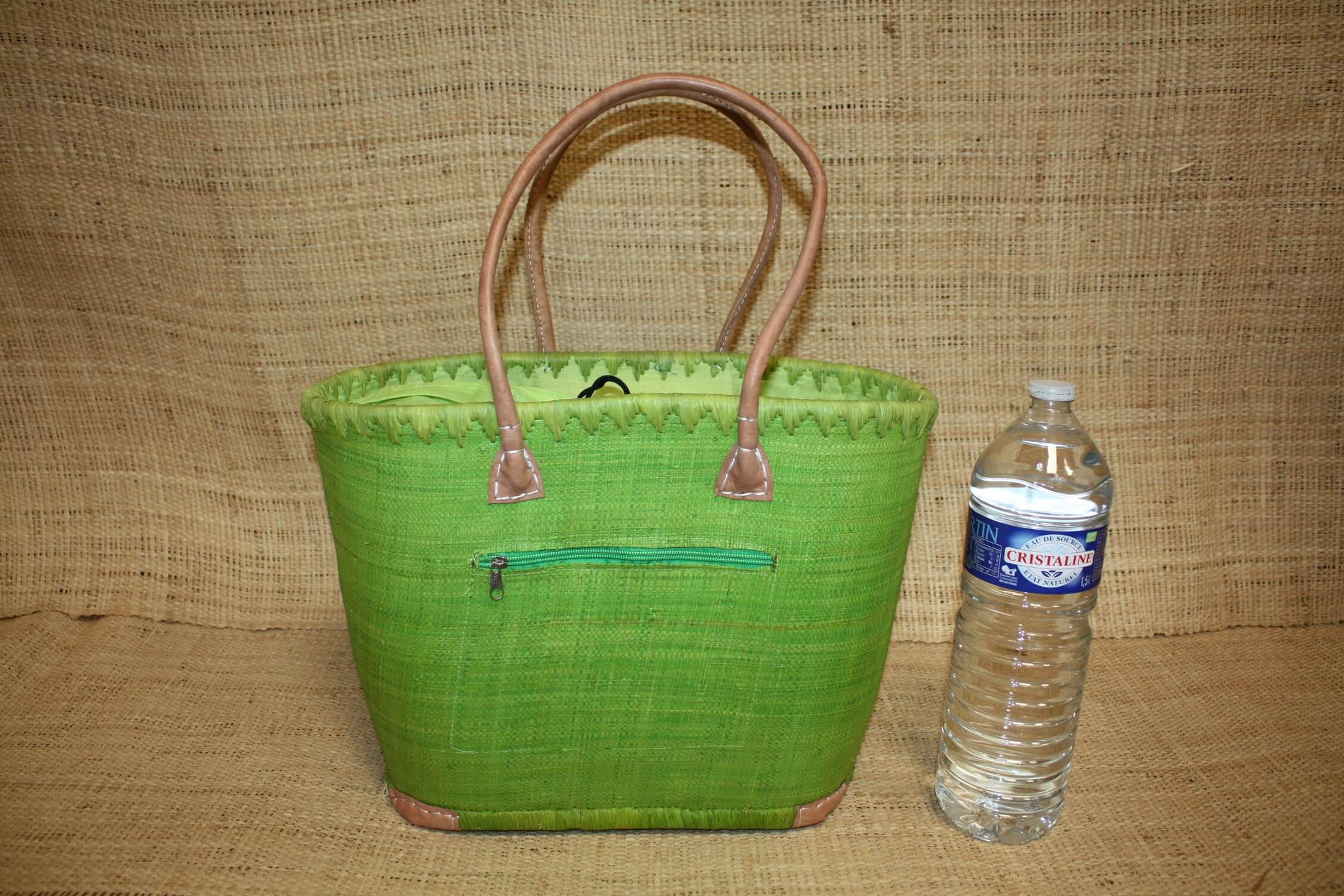 Panier VERT NATUREL - Doublé Rabane + Poche zippée - Sac Cabas Anses Longues - 3 TAILLES - Marchés, courses, plage...