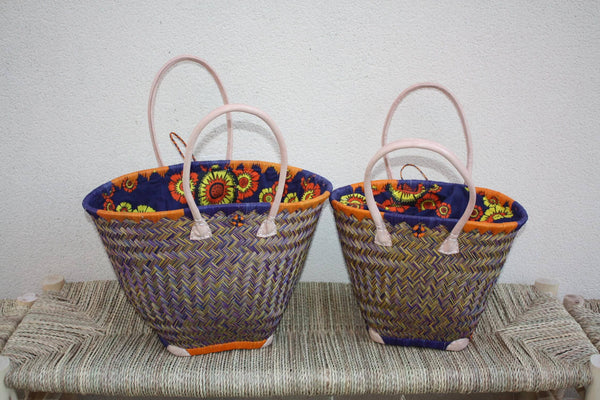 Cabas rond en osier avec tissu pochon Wax africain - Bleu et Orange – Panier qui se ferme rotin artisanal Madagascar Anses Longues Cuir