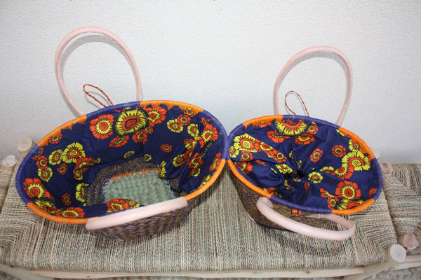 Cabas rond en osier avec tissu pochon Wax africain - Bleu et Orange – Panier qui se ferme rotin artisanal Madagascar Anses Longues Cuir