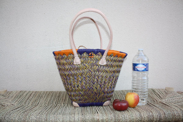 Cabas rond en osier avec tissu pochon Wax africain - Bleu et Orange – Panier qui se ferme rotin artisanal Madagascar Anses Longues Cuir