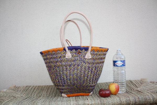 Cabas rond en osier avec tissu pochon Wax africain - Bleu et Orange – Panier qui se ferme rotin artisanal Madagascar Anses Longues Cuir