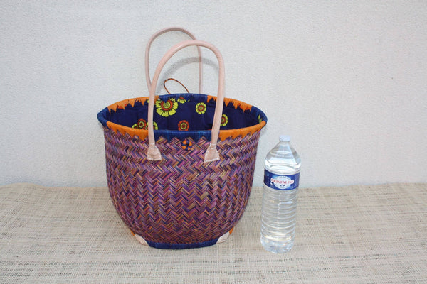 Cabas rond en osier avec tissu pochon Wax africain - Bleu et Orange – Panier qui se ferme rotin artisanal Madagascar Anses Longues Cuir