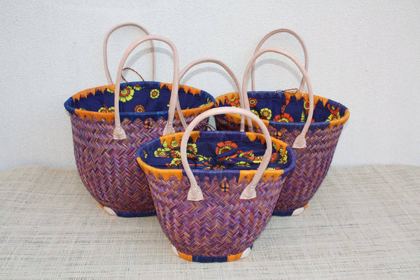 Cabas rond en osier avec tissu pochon Wax africain - Bleu et Orange – Panier qui se ferme rotin artisanal Madagascar Anses Longues Cuir