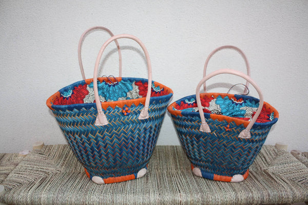 Panier osier rond Bleu Turquoise & Orange + tissu pochon qui se ferme - Sac africain rotin plage Anses Longues Cabas paille marché courses