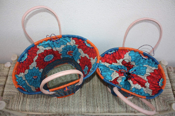 Panier osier rond Bleu Turquoise & Orange + tissu pochon qui se ferme - Sac africain rotin plage Anses Longues Cabas paille marché courses