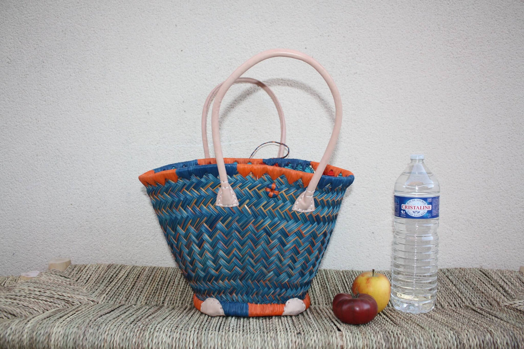 Panier osier rond Bleu Turquoise & Orange + tissu pochon qui se ferme - Sac africain rotin plage Anses Longues Cabas paille marché courses