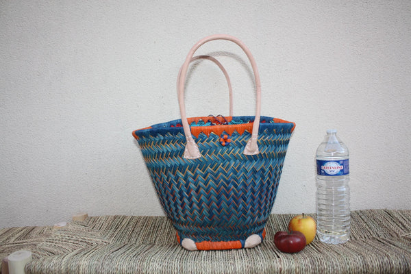 Panier osier rond Bleu Turquoise & Orange + tissu pochon qui se ferme - Sac africain rotin plage Anses Longues Cabas paille marché courses