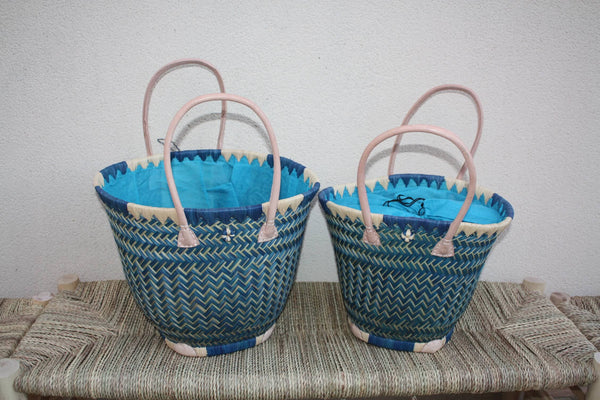 Panier osier rond Bleu Turquoise avec tissu pochon qui ferme - Sac africain rotin plage Anses Longues Cabas paille marché courses
