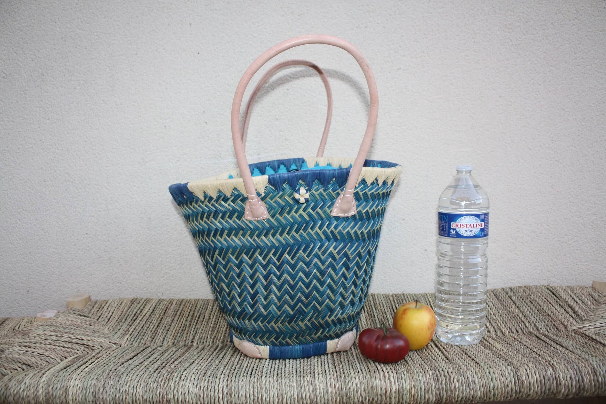 Panier osier rond Bleu Turquoise avec tissu pochon qui ferme - Sac africain rotin plage Anses Longues Cabas paille marché courses