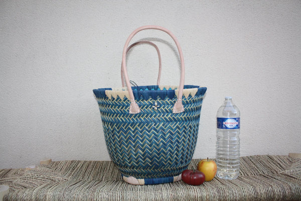 Panier osier rond Bleu Turquoise avec tissu pochon qui ferme - Sac africain rotin plage Anses Longues Cabas paille marché courses