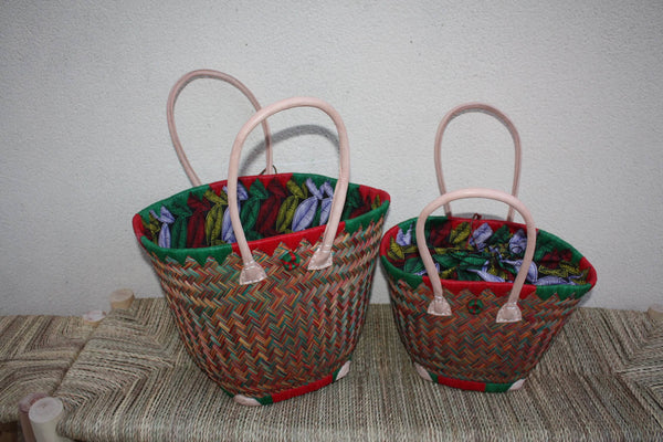 Panier osier ROND qui se ferme + tissu WAX africain - Rouge & Vert - Cabas rotin marché courses Sac paille plage Anses Longues