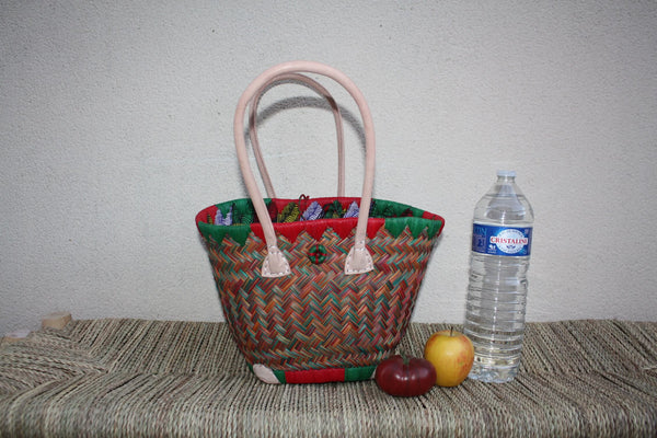 Panier osier ROND qui se ferme + tissu WAX africain - Rouge & Vert - Cabas rotin marché courses Sac paille plage Anses Longues