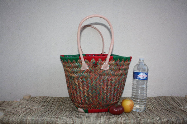 Panier osier ROND qui se ferme + tissu WAX africain - Rouge & Vert - Cabas rotin marché courses Sac paille plage Anses Longues