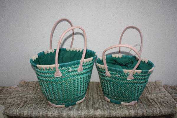 Panier osier rond Vert Turquoise avec tissu pochon qui ferme - Sac africain rotin plage Anses Longues Cabas paille marché courses