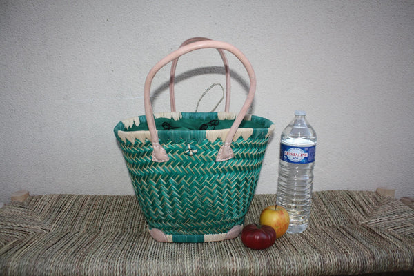 Panier osier rond Vert Turquoise avec tissu pochon qui ferme - Sac africain rotin plage Anses Longues Cabas paille marché courses