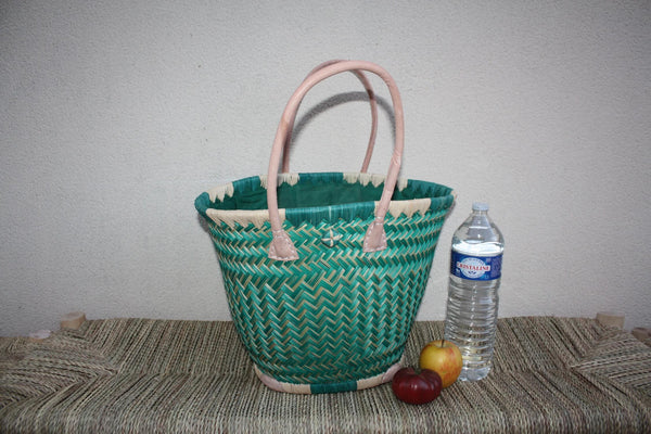 Panier osier rond Vert Turquoise avec tissu pochon qui ferme - Sac africain rotin plage Anses Longues Cabas paille marché courses