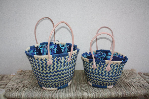 ROUND Basket African WAX Pouch - Turquoise &amp; Natural - Tote Bag Long Handles - 3 SIZES - Markets, shopping, beach...