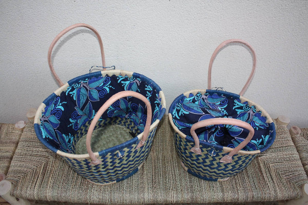 ROUND Basket African WAX Pouch - Turquoise &amp; Natural - Tote Bag Long Handles - 3 SIZES - Markets, shopping, beach...