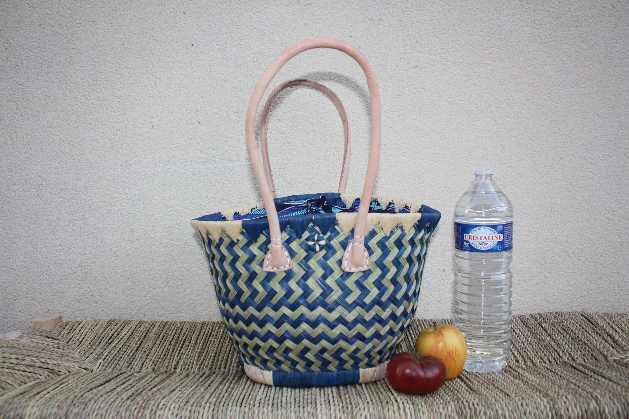 ROUND Basket African WAX Pouch - Turquoise &amp; Natural - Tote Bag Long Handles - 3 SIZES - Markets, shopping, beach...