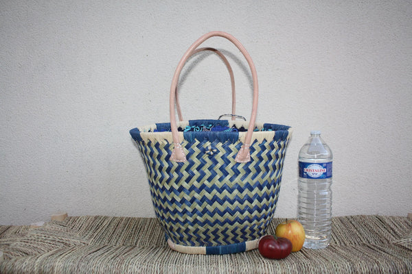 ROUND Basket African WAX Pouch - Turquoise &amp; Natural - Tote Bag Long Handles - 3 SIZES - Markets, shopping, beach...