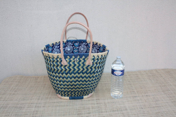Panier ROND Pochon WAX africain - Bleu & Naturel - Cabas Sac Anses Longues - 3 TAILLES - Marchés, courses, plage...