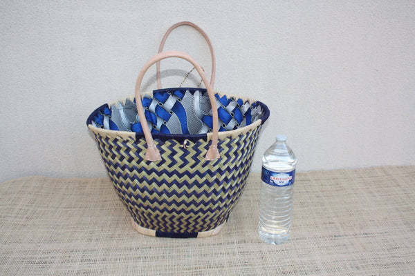 Panier ROND qui se ferme avec tissu WAX africain - Bleu & Naturel - Cabas Sac Anses Longues - 3 TAILLES - Marchés, courses, plage...