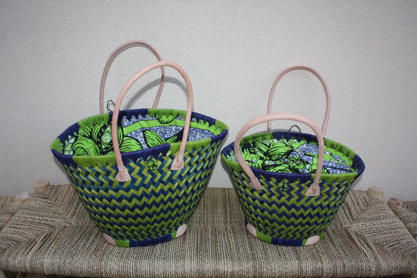 RUNDER Korb Beutel aus afrikanischem WACHS-Stoff - Tasche in Blau und Grün - Tasche mit langem Griff - 3 GRÖSSEN - Märkte, Einkaufen, Strand...