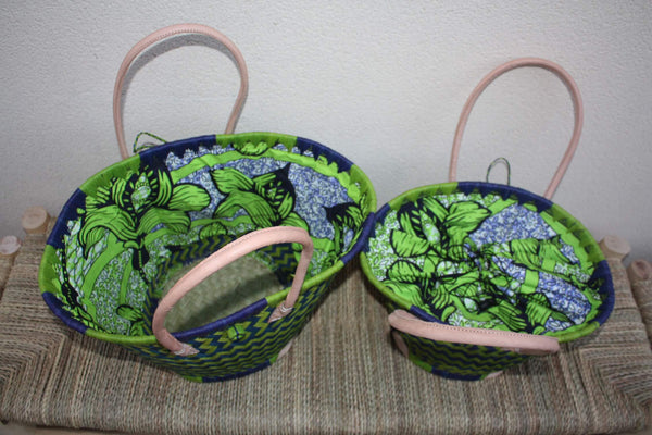 RUNDER Korb Beutel aus afrikanischem WACHS-Stoff - Tasche in Blau und Grün - Tasche mit langem Griff - 3 GRÖSSEN - Märkte, Einkaufen, Strand...