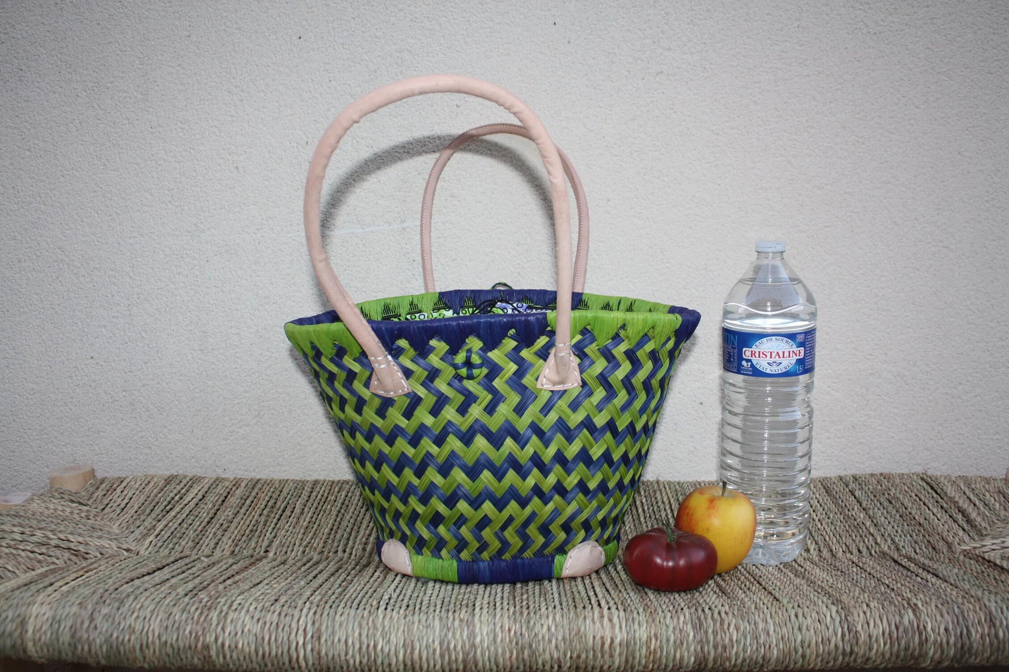 RUNDER Korb Beutel aus afrikanischem WACHS-Stoff - Tasche in Blau und Grün - Tasche mit langem Griff - 3 GRÖSSEN - Märkte, Einkaufen, Strand...