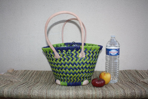 RUNDER Korb Beutel aus afrikanischem WACHS-Stoff - Tasche in Blau und Grün - Tasche mit langem Griff - 3 GRÖSSEN - Märkte, Einkaufen, Strand...