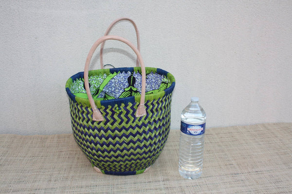 Panier ROND tissu pochon WAX africain - Cabas Bleu & Vert - Sac Anses Longues - 3 TAILLES - Marchés, courses, plage...