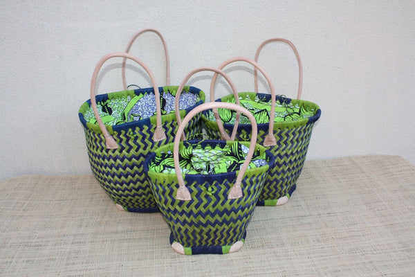 Panier ROND tissu pochon WAX africain - Cabas Bleu & Vert - Sac Anses Longues - 3 TAILLES - Marchés, courses, plage...