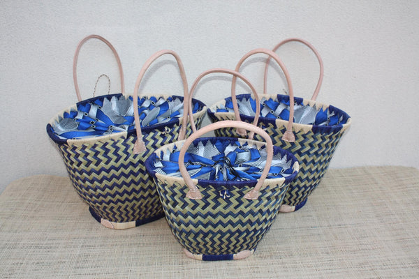 Panier ROND qui se ferme avec tissu WAX africain - Bleu & Naturel - Cabas Sac Anses Longues - 3 TAILLES - Marchés, courses, plage...