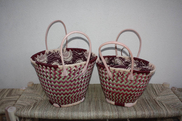 RUNDER Korb Afrikanischer WACHS-Stoff - Cabas Long Handles - Purple &amp; Natural Bag - 3 GRÖSSEN - Märkte, Shopping, Strand...