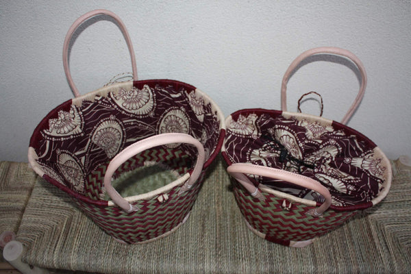 RUNDER Korb Afrikanischer WACHS-Stoff - Cabas Long Handles - Purple &amp; Natural Bag - 3 GRÖSSEN - Märkte, Shopping, Strand...