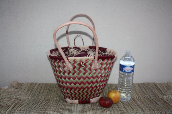 RUNDER Korb Afrikanischer WACHS-Stoff - Cabas Long Handles - Purple &amp; Natural Bag - 3 GRÖSSEN - Märkte, Shopping, Strand...