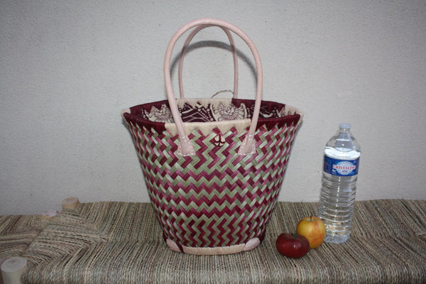 RUNDER Korb Afrikanischer WACHS-Stoff - Cabas Long Handles - Purple &amp; Natural Bag - 3 GRÖSSEN - Märkte, Shopping, Strand...