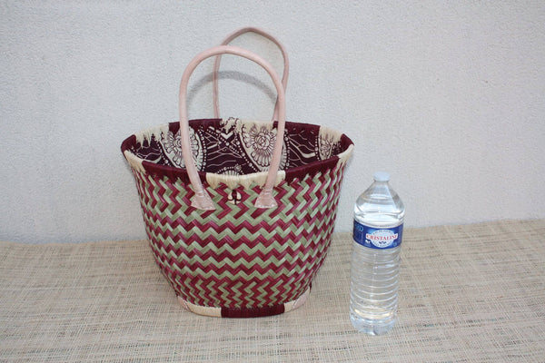 Panier ROND tissu WAX africain - Cabas Anses Longues - Sac Bordeaux & Naturel - 3 TAILLES - Marchés, courses, plage...